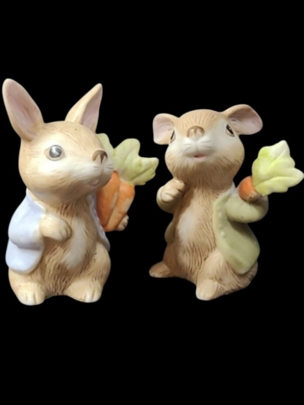 1980's HOMCO SET OF 2 BUNNY RABBITS WITH CARROTS PORCELAIN FIGURINES